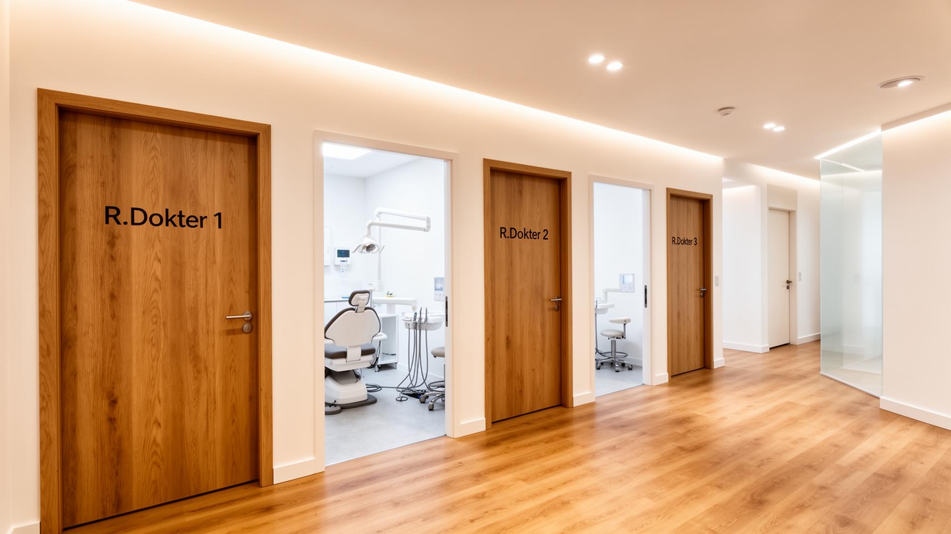 Lorong klinik dengan tiga ruang praktik R.Dokter 1, 2, dan 3